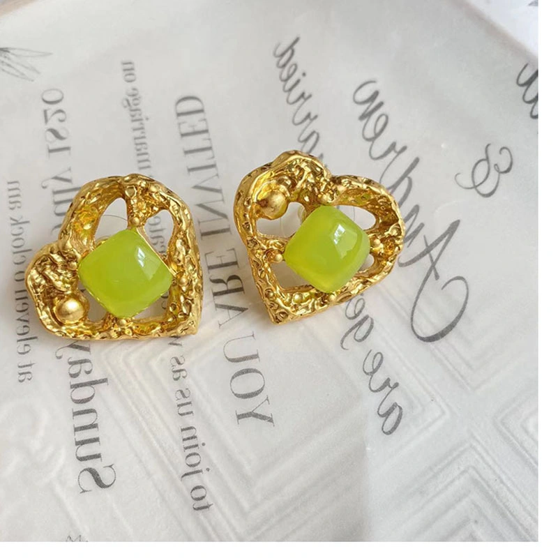 Custom Jewelry Iregular Heart Avocado Green Ear Stud