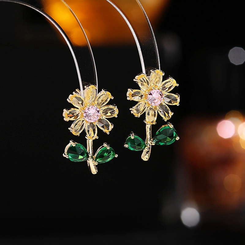 18K Gold Plated Fashion Jewellery 925 Silver Color CZ Sun Flower Earring