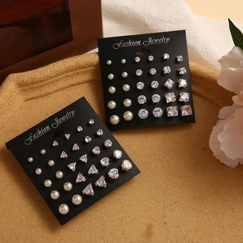 Zircon Crystal Pearl Earrings Fashion Silver Geometric Metal Ear Studs