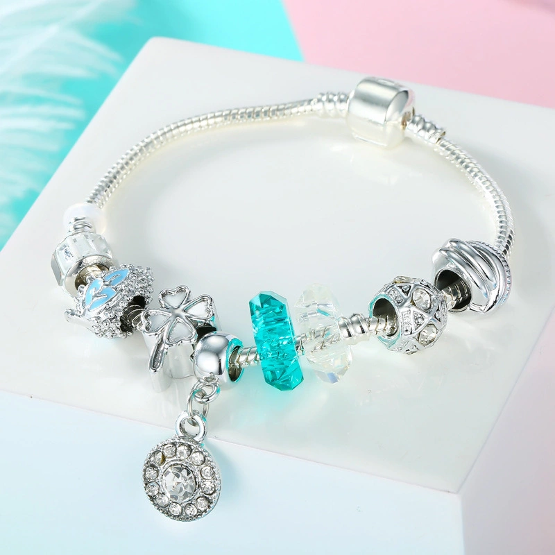 Summer Style Silver Charm Bracelets Bangles Blue Crystal/Glass Beads Women Bracelets Esg13590