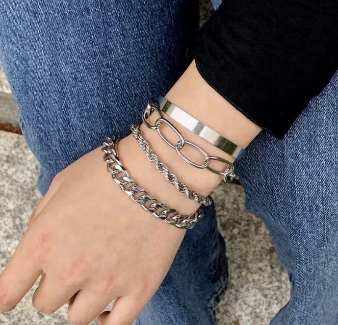 Popular Cool Punk Rock Chain Adjustable Bracelet Set Long Alloy Metal Bangle Bracelet for Women