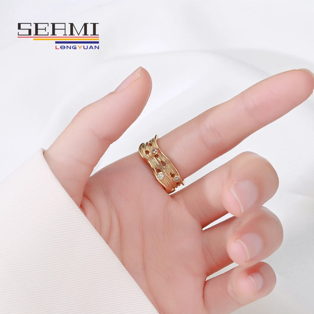 Antique Geometeric Gold Cubic Zirconia Adjustable Wave Ring for Women