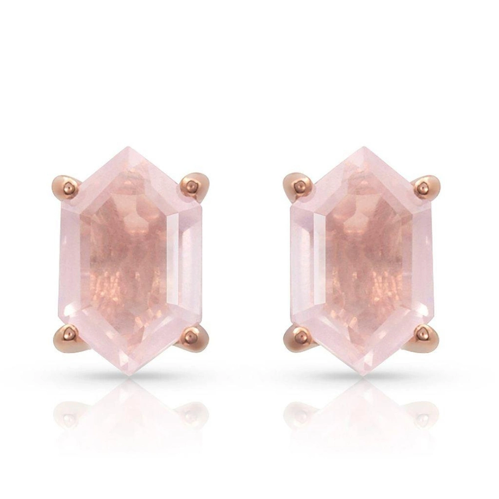 Fashion Custom Logo Silver 925 Classic Hexagon Natural Rose Quartz Gemstone Stud Earring