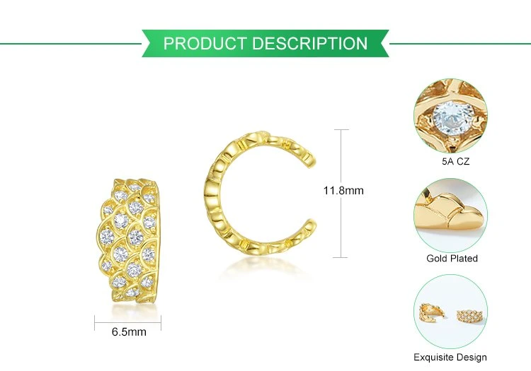 Fashion 925 Silver Earrings Jewelry Women Non Pierced Clip on Cartilage Gold Plated CZ Ear Cuff